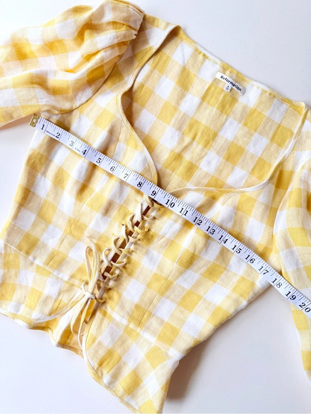 Reformation Barrett Linen Top in Dandelion Check - Corset Lace Up Yellow White 6